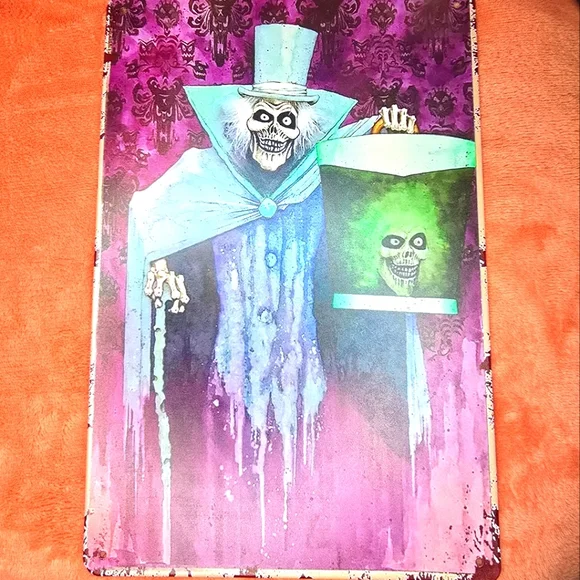 Haunted House Ghost & Head in Hat Box Tin Sign 12Hx8W - Picture 3 of 12